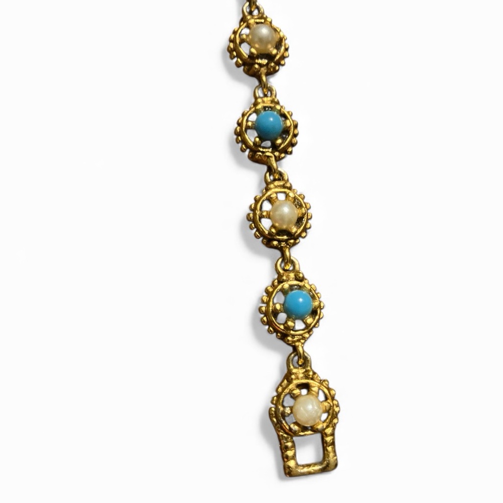 Vintage Goldette Bracelet 7” Blue Stone and Pearl Bracelet - Picture 5 of 8